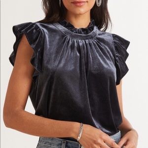 NWT Evereve Allison joy ruffled velour top navy Sz M